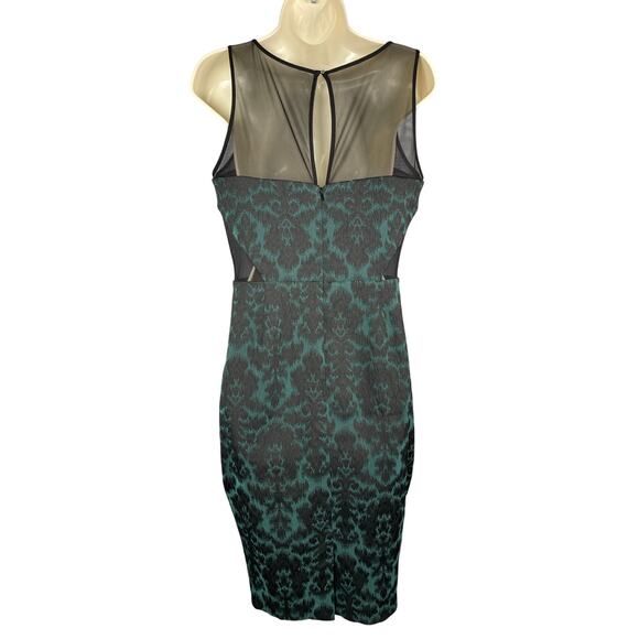 Badgley Mischka Dress 6 Green Black Damask Illusion Neck Sides Sheath Cocktail - Picture 5 of 14